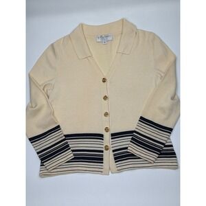 St John Collection‎ Women's Cream Striped Knit Cardigan Sweater Size 8 Vintage